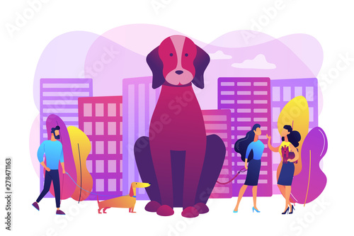 Dog lovers. People walking with puppies outdoors, in public place. Pet in the big city, city pets walking place, dogs convenient city concept. Bright vibrant violet vector isolated illustration