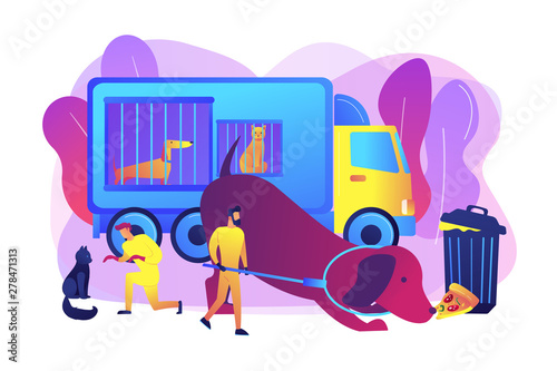 Homeless animals care, transporting dogs to shelters. Animal control service, catching of stray dogs and cats, actual urbanistic problems concept. Bright vibrant violet vector isolated illustration