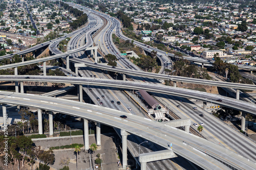 Aerial view of the Harbor 110 and Century 105 freeway interchange bridges south of downtown Los Angeles in Southern California.