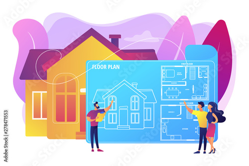 House architecture plan with furniture. Interior design. Real estate floor plan, floor plan services, real estate marketing concept. Bright vibrant violet vector isolated illustration