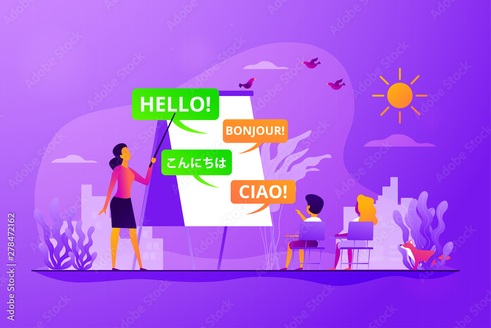 Language classes teacher, speaker. Kids speaking club. Language learning camp, summer language program, learn foreign languages concept. isolated concept creative illustration Stock Vector | Adobe Stock
