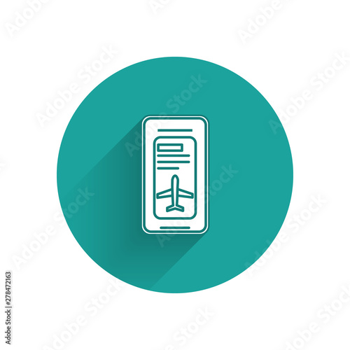 White Smartphone with electronic boarding pass airline ticket icon isolated with long shadow. Passenger plane mobile ticket for web and app. Green circle button. Vector Illustration