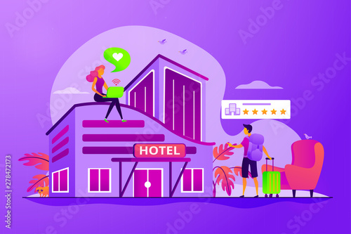 Tourist giving rating stars to hotel. Traveler accommodation. Hospitality industry. Design hotel, modern architecture, unique interior decoration concept. Vector isolated concept creative illustration