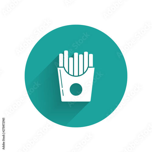White Potatoes french fries in carton package box icon isolated with long shadow. Fast food menu. Green circle button. Vector Illustration