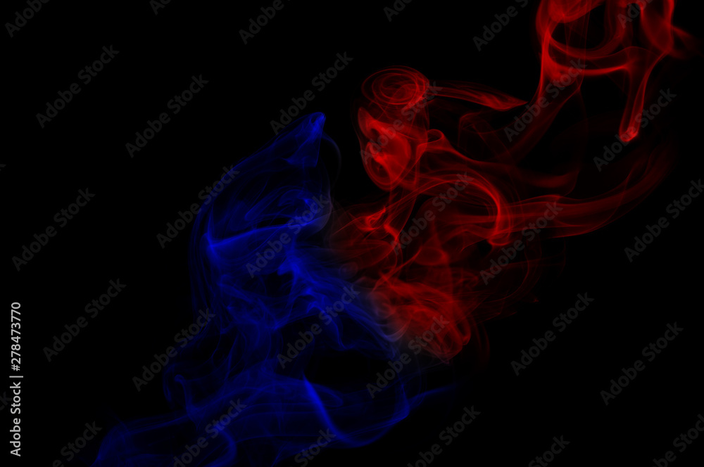 abstract red against blue gradient color smoke in the air on black background
