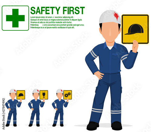 An industrial worker with injured head is presenting warning sign on transparent background