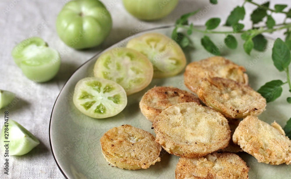 with fried green tomato. close-up. autumn dish. popular in America