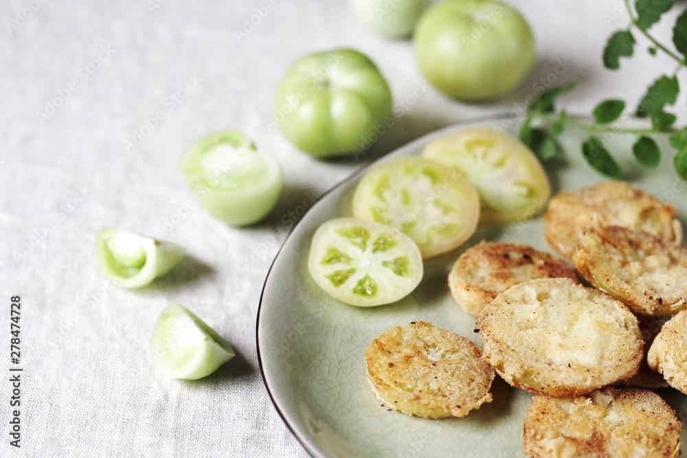 with fried green tomato. close-up. autumn dish. popular in America with fried green tomato. close-up. autumn dish. popular in America