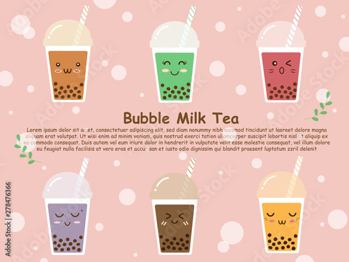 Six plastic cups of variety flavor sweet brown sugar bubble milk tea or boba tea in cute smile funny cartoon face. Trendy beverage. Illustration vector design on pastel pink background with copy space