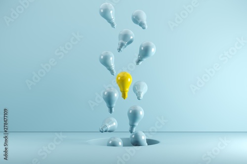 A Yellow Light bulb Floating among blue light bulbs from hole. Idea concept Creative. 3D render