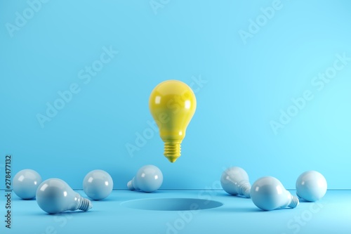 A yellow Light bulb floating on hole Surrounded with blue light bulbs. Idea creative Concept. 3D render.