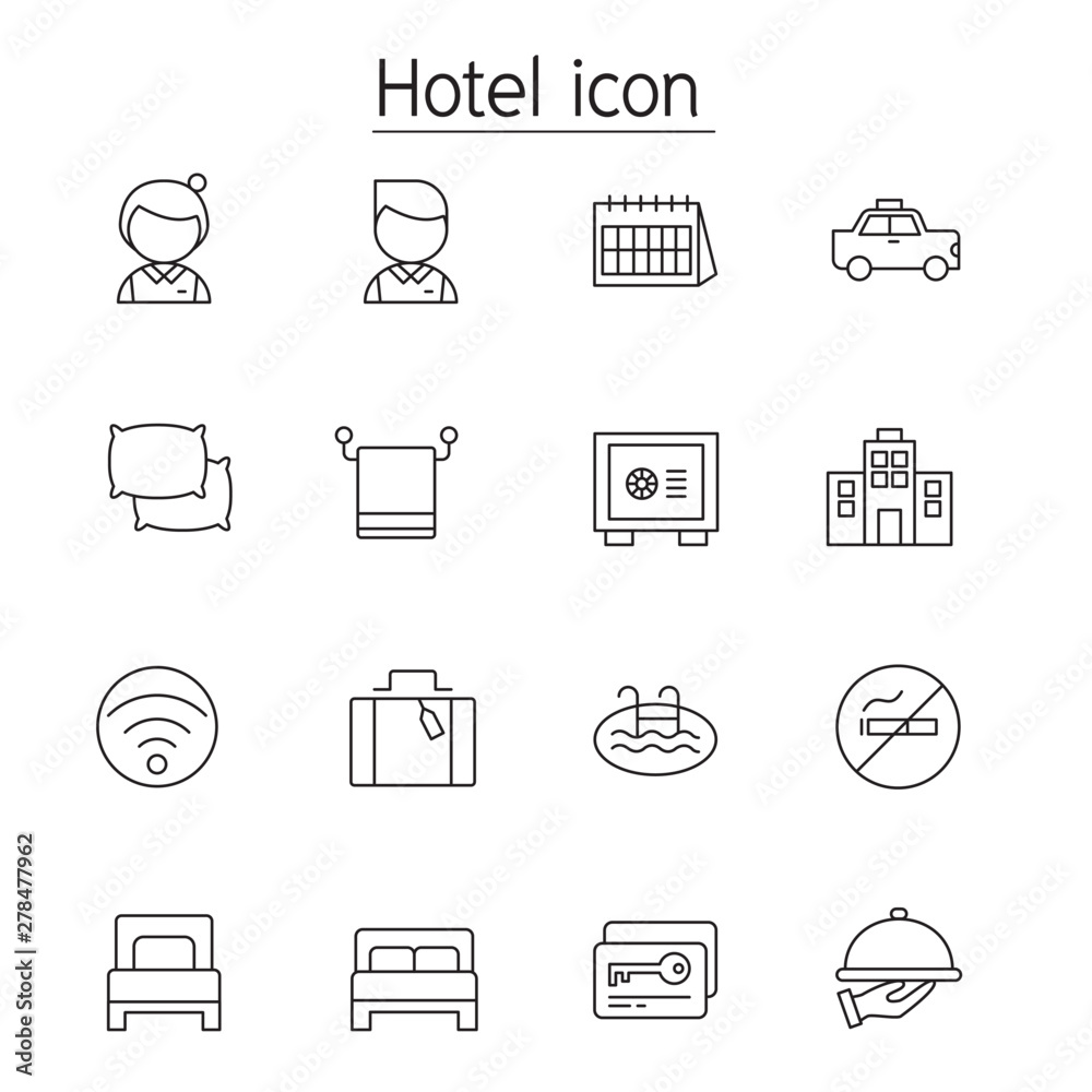 Fototapeta premium Hotel icon set in thin line style