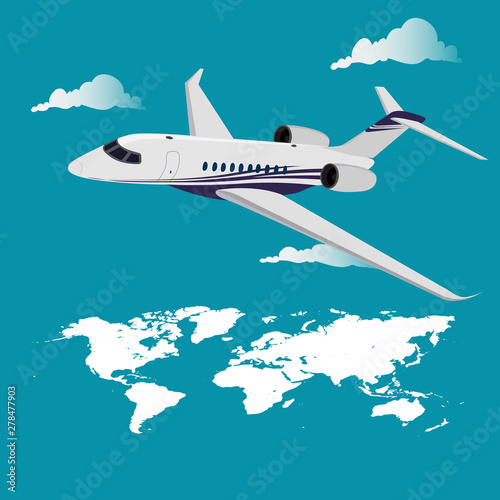 Airplane flying above the world map, vector illustration