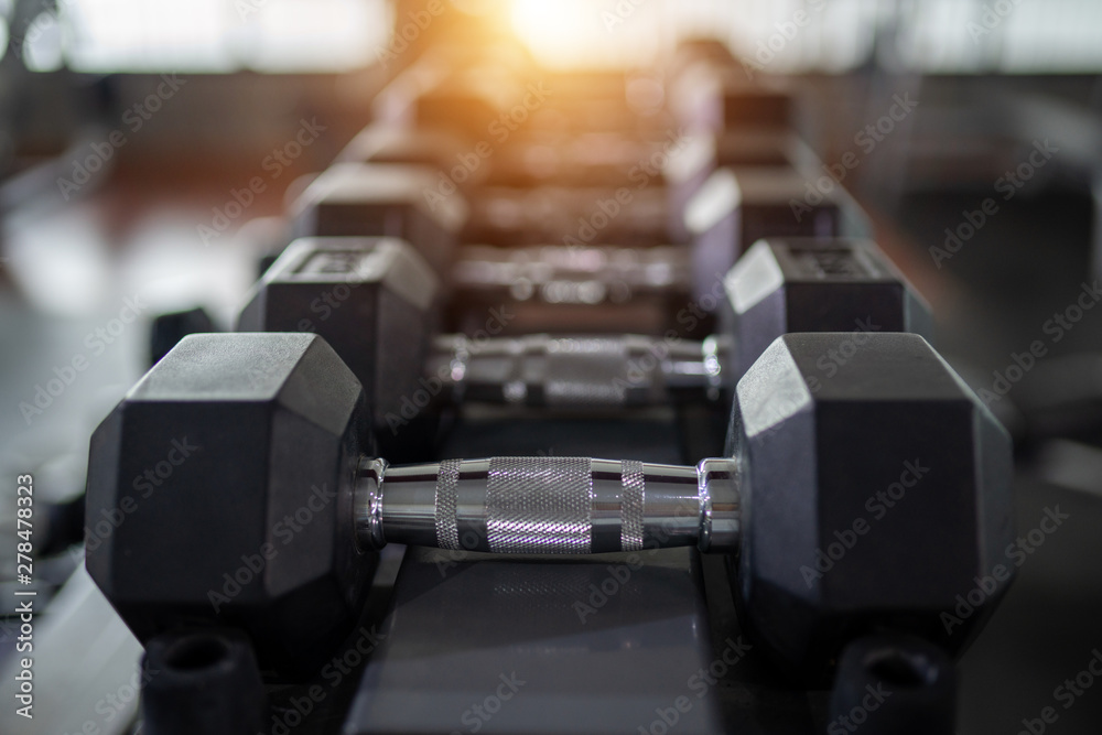 Naklejka premium Dumbbells set in the gym fitness training