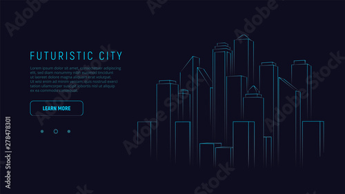 Futuristic city. Blue neon silhouette city. Digital cityscape background. Business technology concept. Vector illustration.