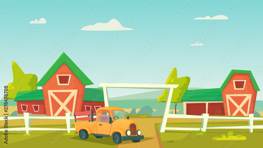 Agriculture. Farm rural landscape with red barn and farm truck.