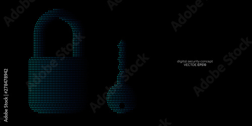 Security concept key and padlock dots line pattern blue color isolated on black background. Vector illustration technology, digital, security.