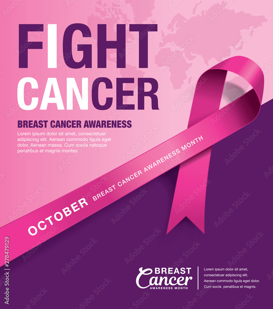 Vetor de Breast Cancer Awareness Month poster design with pink ribbon do  Stock