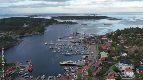 High aerial view over the harbour of Sandhamn a town on the Stockholm archipelago photo