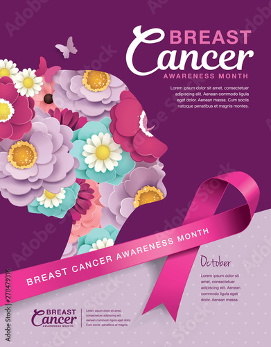 Breast Cancer Awareness Month poster design with silhouette of woman's head and flowers