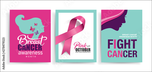 Set of 3 Breast Cancer Awareness Month poster design with silhouette of woman's head and pink ribbon