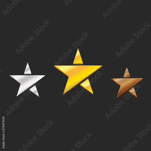 Three metal stars medals gold, silver, bronze symbols the three prizes on the competition podium