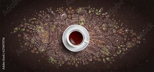 Coffee chalk illustrated concept on black board background - white coffee cup, top view with chalk doodle illustration about coffee, beans, morning, espresso in cafe, breakfast. Morning coffee vector