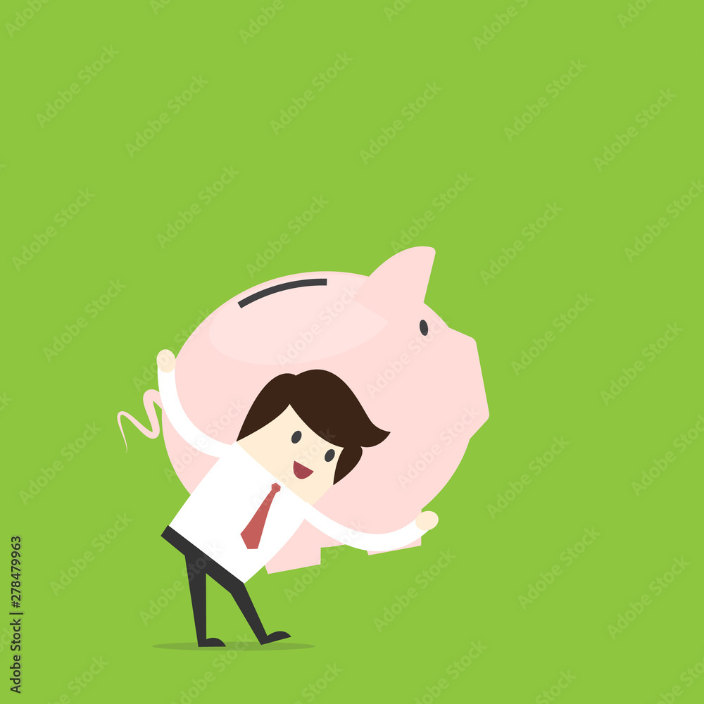 Young business hold piggy looking to Investment. Flat Line Illustration. Business Concept for retirement Illustration.