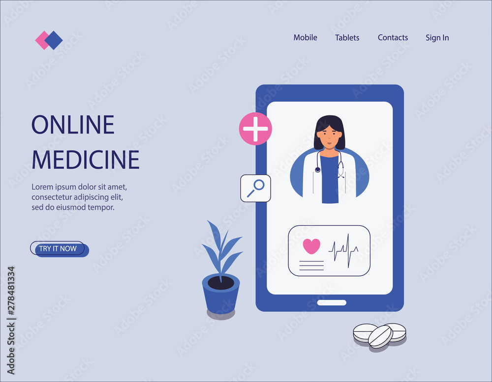 The concept of online medicine. Can be used for web banner, infographic, character image. Flat vector illustration. The doctor advises on the phone, prescribes medication.