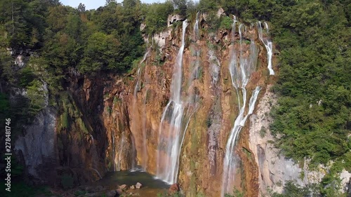 Aerial Crane Shot of Veliki Slap Waterfall at the Plitvice Lakes. photo