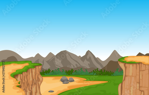 Mountain Valley Cliff Tree Nature Landscape Vector Illustration