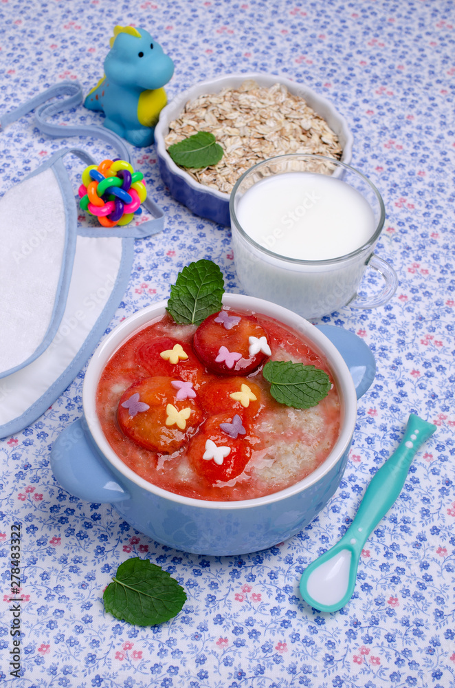Oatmeal for baby feeding with plum jam Oatmeal for baby feeding with plum jam