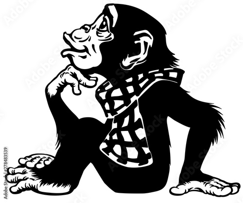 Cartoon intelligent Chimpanzee wearing a scarf. Great ape or chimp monkey sitting in thinker pose and looking up. His one hand on chin. Romantic emotion.Black and white side view vector illustration
