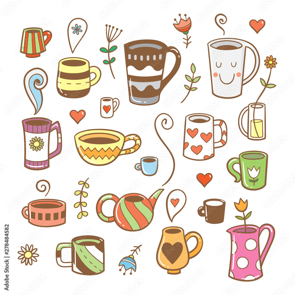 Set with cute cartoon cups and plants. Group of various dishes. Vector contour colorful  image. 
