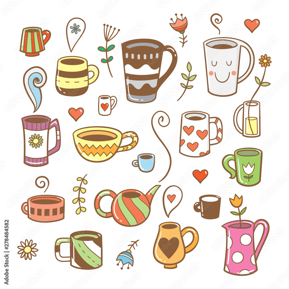 Set with cute cartoon cups and plants. Group of various dishes. Vector contour colorful image. Set with cute cartoon cups and plants. Group of various dishes. Vector contour colorful image.
