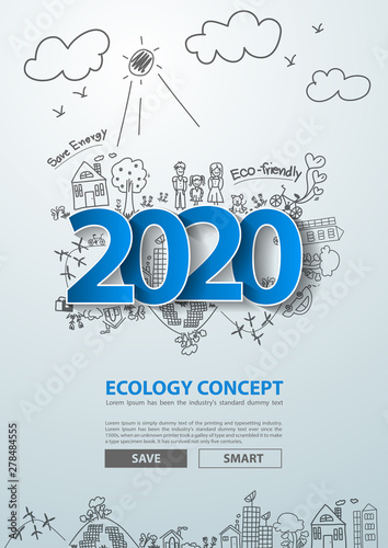 Blue tags label 2020 new year text design on creative drawing environmental and eco-friendly technologies, energy saving, ecological recycling. Vector illustration layout template design