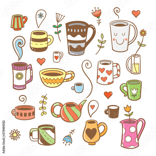 Set with cute cartoon cups and plants. Group of various dishes. Vector contour colorful image. © voron4ihina