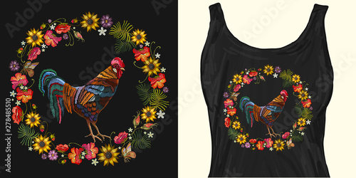 Embroidery rooster and wreath of flowers. Trendy apparel design. Template for fashionable clothes, modern print for t-shirts, apparel art
