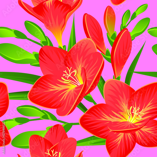 Vector pattern with blooming freesias and green buds © elena