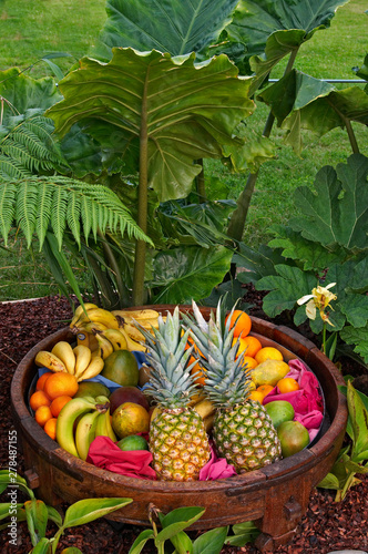 A wooden bowl of 'Freetrade' fruit in a garden display photo