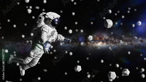 astronaut flying between icosahedrons  3d space rendering 