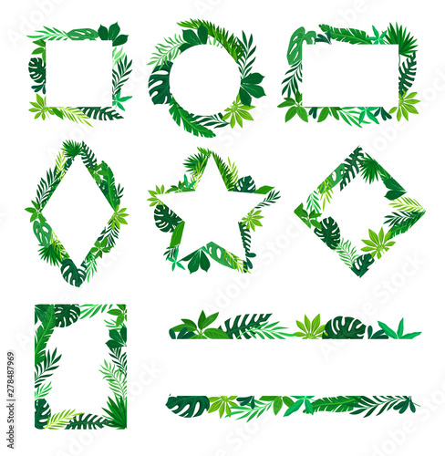 Set of frames from tropical leaves. Vector illustration on white background.