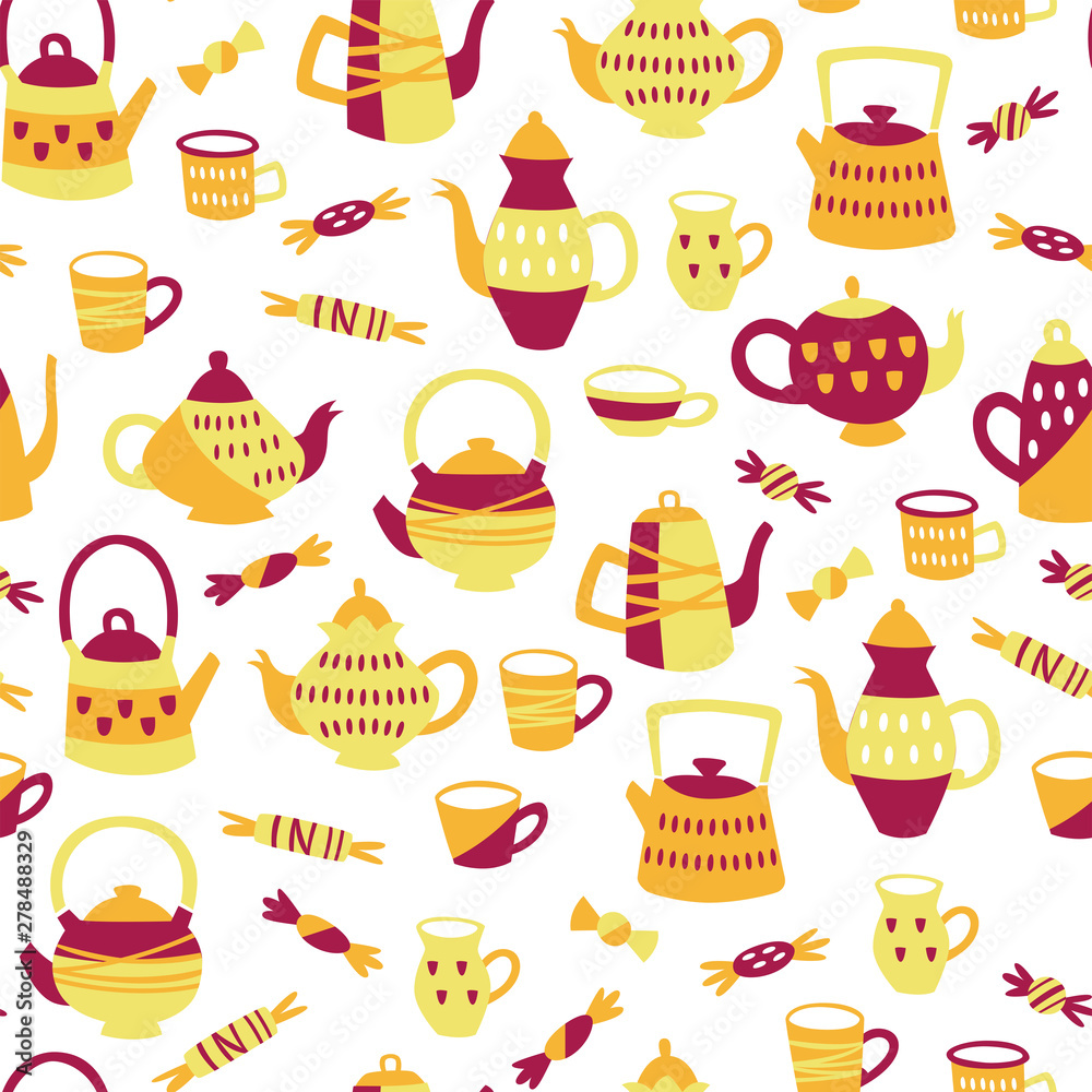 Tea Seamless Pattern with Cups, Pots and Candy. Hand Drawn Vector Illustration.