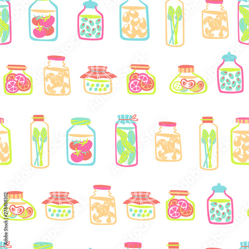 Hand Drawn Seamless Pattern with Pickle Jars Vegetables on White Background.
