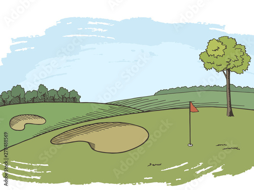 Golf course graphic color landscape sketch illustration vector