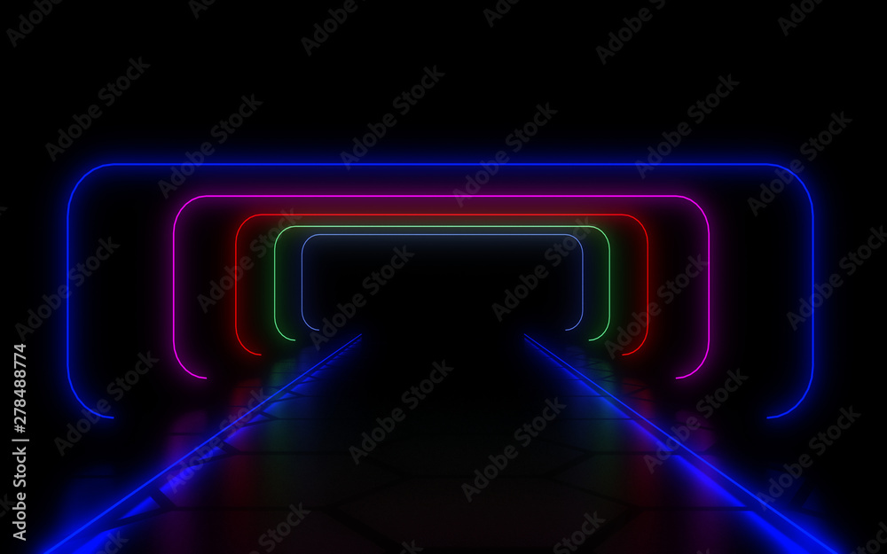 3D abstract tunnel with neon lights. 3d illustration 3D abstract tunnel with neon lights. 3d illustration