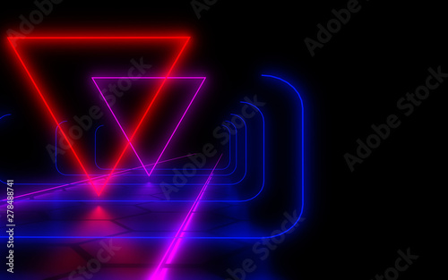 3D abstract tunnel with neon lights. 3d illustration