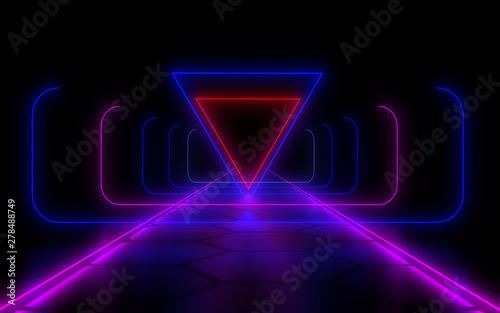 3D abstract tunnel with neon lights. 3d illustration