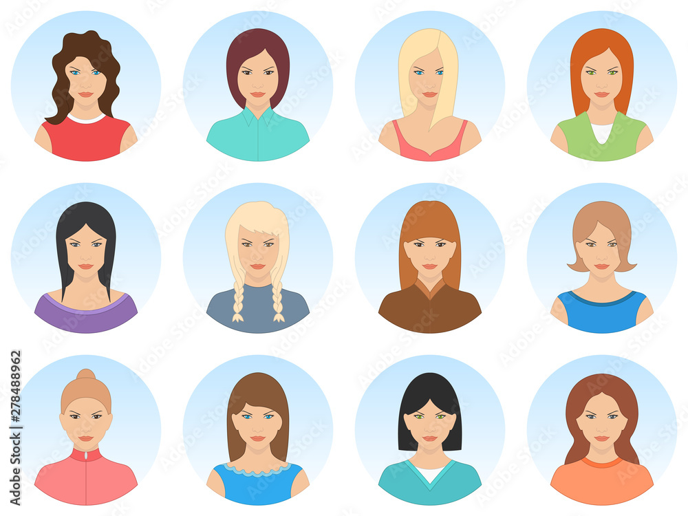 Beautiful women avatar set isolated on white background. Sexy smiling women avatar. Cute young girls portrait with different hair styles. High quality vector illustration. Beautiful women avatar set isolated on white background. Sexy smiling women avatar. Cute young girls portrait with different hair styles. High quality vector illustration.