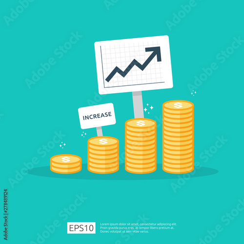 Finance performance of return on investment ROI concept with arrow. income salary rate increase. business profit growth margin revenue. cost sale icon. dollar symbol flat style vector illustration
